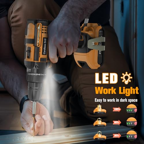 JYGMPRO Cordless Drill Driver 21V, Hammer Drill with 2 Batteries 2000mAh, 25+3 Torque, 42N.m Max Electric Drill, 30PCS Drill Bits, 2 Speed, LED Light for Home and Garden DIY Project
