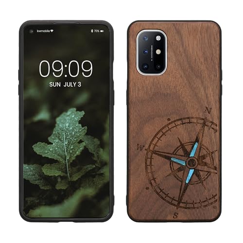 kwmobile Hülle kompatibel mit OnePlus 8T Hülle - Holz Case - Handy Cover - TPU Handyhülle in Dunkelbraun Vintage Kompass mit Perlmutt