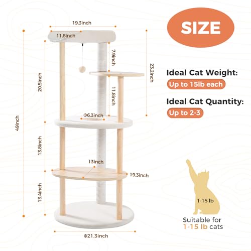 Image of 49 inch Wood Cat Tree Tower for Indoor Cats, 5-Level Modern Cat Tower with Curved Top Perch, Fully Cotton Scratching Posts & Natural Wood Posts, Cat Furniture with Interactive Dangling Ball, Beige
