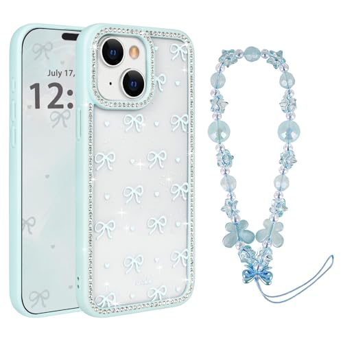xoniery for iPhone 14 / iPhone 13 Glitter Case, Cute Bow with Chain Bracelet, Luxury Bling Diamonds Phone Case, Senior Protective Bumper Shockproof,TPU Clear Anti-Scratch Case for Women Girls-Blue