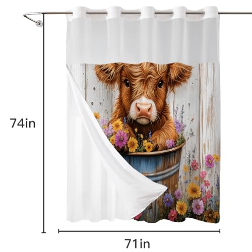MYUSRE Farmhouse Brown Cow Hookless Shower Curtain with Snap in Liner Funny Wild Animal and Pink Orange Floral on Rustic Wood No Hook Shower Curtain and Liner Set for Bathroom Decor, 71W X 74L inches by MYUSRE - Used condition - Image 5