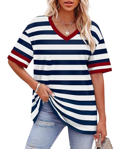 Image of WIHOLL Womens T Shirts Loose Fit Short Sleeve Tees V Neck Color Block Summer Tops 2026 Fashion S-4XL