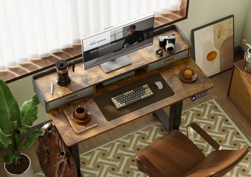 Image of Claiks Standing Desk with Drawers & Wheels, 2 Height Shelf 48 inch Rustic Brown