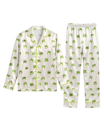 HUNTFAMI Leap Into Cozy Frog Satin Pajamas for Women Long Sleeve Funny Print Sleepwear Set