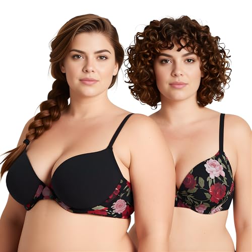 Curve Muse Damen Übergröße Perfekt Gestalten 1 Tasse Push Up hinzufügen Bügel-BHs-2er Pack-Schwarzer Druck, Schwarz-105B