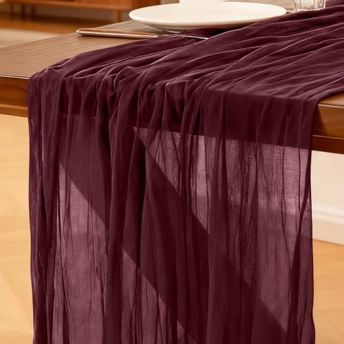 Chemin de Table Rouge Bordeaux, 300 x 90 cm Style Bohème Chemin de Table en Gaze pour Mariage, Fête, Noël et Le Nouvel, Enterrement de Vie de Jeune Fille Décoration...