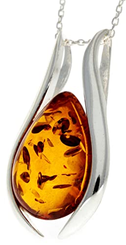 UK - 925 Sterling Silver & Genuine Baltic Amber Large Modern Pendant - GL213V2