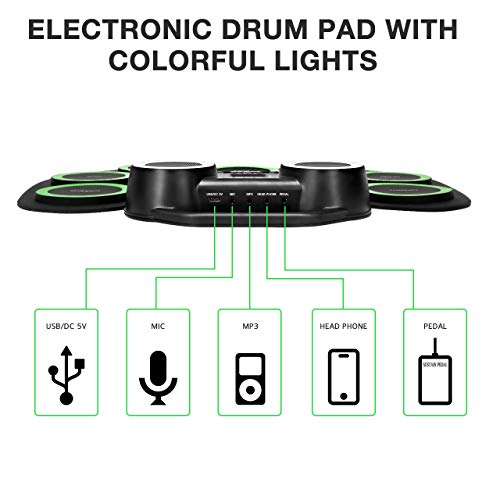 Electronic Drum Kit 9 Pads Roll-up Practice Drum Set for 8h Playing With Built-in Speaker, Headphone, USB MIDI Jack for Kids, Teens, and Adults Beginner, Best Birthday Gift