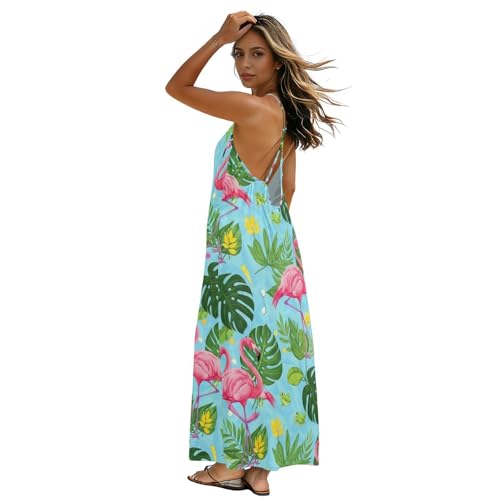 Robe d'été pour femme à motif flamants roses et dos nu romantique