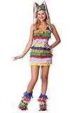 Womens Plus Size Adult Piñata Costume, Colorful Party Game Dress With Multicolored Fringe Headband And Boot Covers