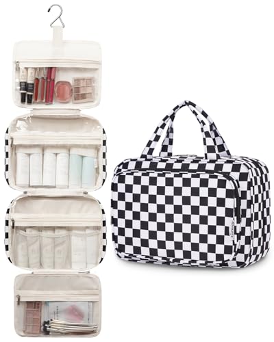 Image of Narwey Large Hanging Toiletry Bag Travel Makeup Bag Cosmetic Organizer for Women and Girls, Z-Black Checkerboard, Large