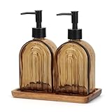Glass Soap Dispenser Set with Wooden Tray, 13.5Oz Refillable Liquid Modern Soap Dispenser with Plastic Pump for Hand and Dish Set for Bathroom Countertop Decor (Dark Brown)