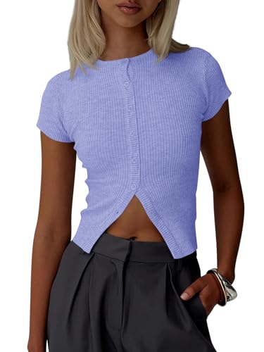 Image of Imily Bela Womens Short Sleeve Sweater Tops Summer Button Down Casual Ribbed Knit Slim Fit Cropped Cardigan Shirts