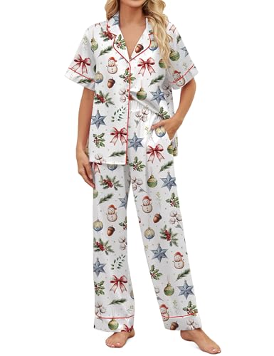 SHESHOW Satin Christmas Pajamas for Women Short Sleeve Long Pants Pjs Cute Christmas Pajamas Sets White L