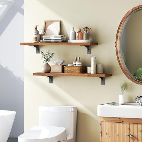 Image of HOOBRO Floating Shelves for Wall, 23.6 inch Wall Mounted Shelves Set of 2, Hanging Storage Shelf with Metal Brackets, Wooden Shelf for Living Room, Bedroom, Bathroom, Rustic Brown and Black BF62BJP201G1