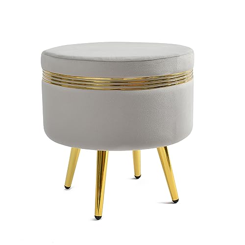 Image of NACIA Ottoman Pouffe Stool for Living Room Sitting | Round Footstool /Foot Rest with 4 Wooden & Golden Metal Legs for Dressing Table, Home Decor, Balcony, Bedroom (16x16x17 inch, Grey)