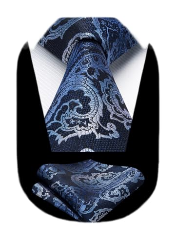 Image of HISDERN Extra Long Ties for Men Classic Floral Tie and Pocket Square Elegant Silk Necktie Handkerchief Set Wedding Party