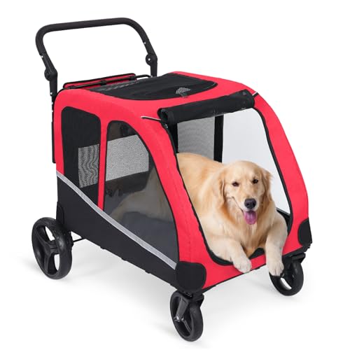Image of Saudism Dog Stroller for Large & Medium Dogs (up to 160lbs), Pet Stroller for 2 Small Dogs, Extra Large Heavy Duty, Dog Wagon Foldable & Adjustable Handle with Pocket, Red