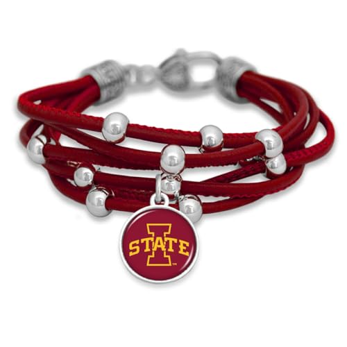 FTH Women’s Bracelet, Leather Cord Bracelet with Silver Beads and Team Logo Charm, Officially Licensed NCAA Women’s Jewelry, 7.5 Inch (Iowa State Cyclones 1)