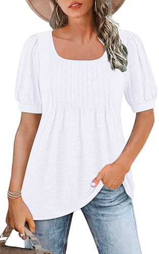 WNEEDU Tshirt Damen Sommer Bluse Kurzarm Quadratischem Ausschnitt Oberteile Damen Sommer Tunika T-Shirt Plissee Tops mit Puffärmel Lässige Flowy Elegant