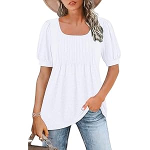 WNEEDU Womens Summer Top Puff Short Sleeve Tunic Top Square Neck T-Shirts Dressy Pleated Shirts Loose Fit Clothes 2025 Trendy