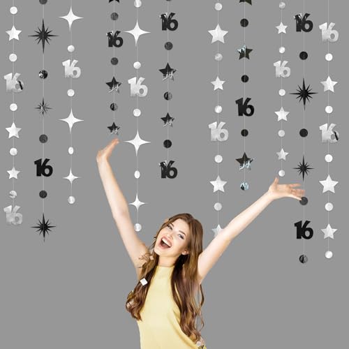 Image of Silver Black 16th Birthday Decorations Number 16 Circle Dot Twinkle Star Garland Banner Backdrop for Girls Boys Happy 16th Birthday Sweet Sixteen 16th Anniversary Cheers to 16 Years Party Decor