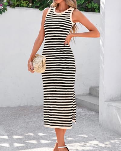 Image of Zenlonr Women's Sleeveless Summer Dresses 2025 Casual Crochet Knit Sundress Striped Long Tank Dress Beach Slip Dress