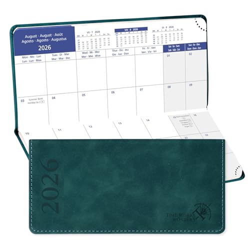 POPRUN Agenda Mensual de Bolsillo 2026, 17.4 x 8.3 cm, Cubierta de Cuero PU, 12 Meses: Ene. 2026 a Dic. 2026, 2 Páginas por mes, 80 GSM Papel EU EU, Verde petróleo