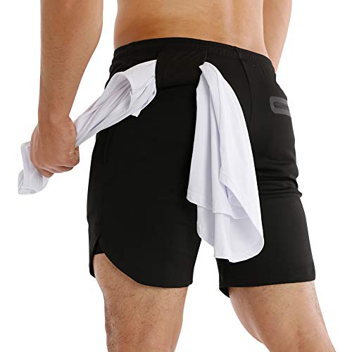 MECH-ENG Men s 2 in 1 Shorts Workout Running Training Gym 7  Short with Towel Loop(Black L Tag 2XL)