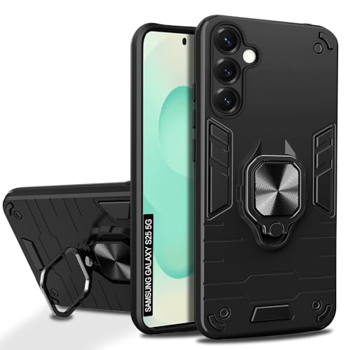 Image of AESTMO Samsung Galaxy S25 5G Back Case Cover | Tough Armor Bumper | Ring Holder & Kickstand in-Built | 360 Degree Protection Cover for Samsung Galaxy S25 5G (Black)