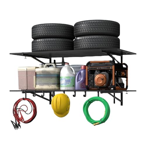 2 Pack Heavy Duty Garage Wall Shelves, 2x4 ft Organization System Garage Storage Rack, Wall Mount Storage Shelf with Hooks, Car Shelving Wall Mounted