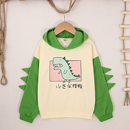 Girls Cute Dinosaur Hoodie Pullover Sweatshirt Long Sleeve Splice Cartoon Hooded Winter Kids Casual Tops (Green, 8-9 Years) #TOP1