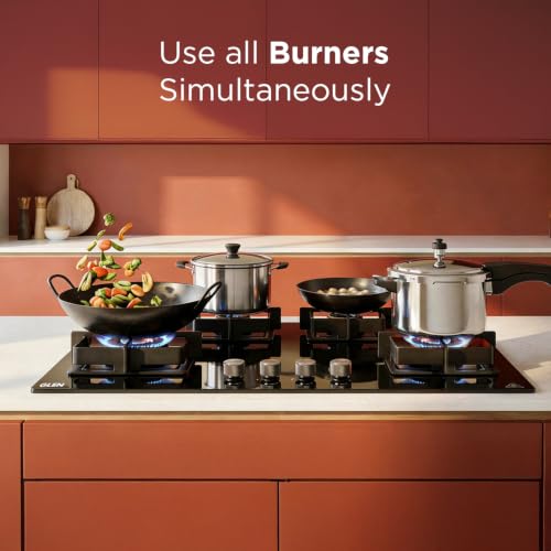 Image of Glen 4 Burner XL Auto Ignition Glass Hob | 2 Triple Ring Forged Brass Burners | Built-in Gas Hob | Toughened Black Glass | 2 Years Standard Warranty & 5 Years Warranty | BH1094XLDFHT2TR