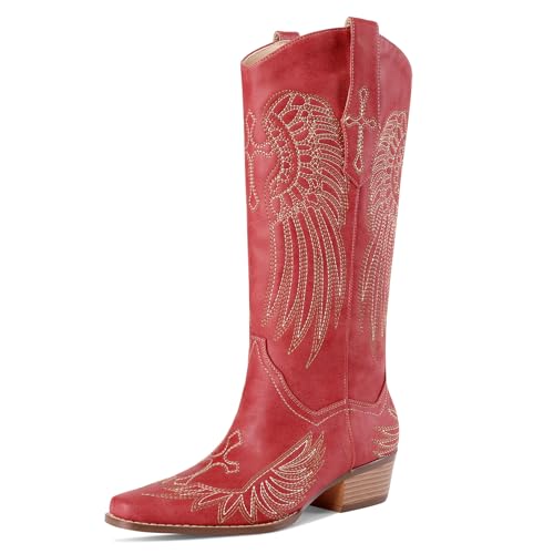 Womens Knee High Boots Cowboy Cowgirl Tall Western Boots Pull On Square Toe Low Chunky Heel Retro Dress Ladies Comfortable Embroidered Boot