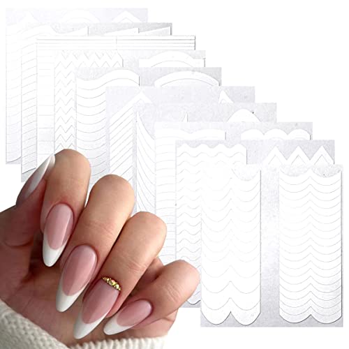 10Pcs French Nail Stickers For Nail Art, French Tip Nail Stencils 3D Nail Forms Fringe Tips Guide Sticker Wavy Line Nail Art Decals White Strips Template Nail Tools For Nail Decorations Designer #TOP20