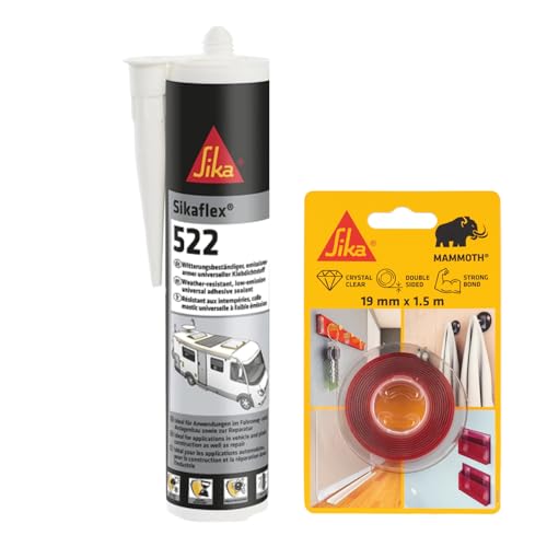 SIKA - Kit Fixation et Étanchéité Camping-Car: 1x Sikabond Mammoth Crystal (1.5m), Ruban Double Face (1.5m) + Sikaflex 522 (Blanc, 300ml), Mastic multi-usages pour Caravane & Camping-car