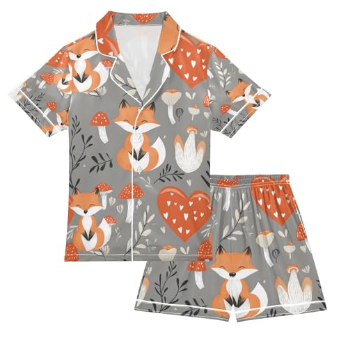 senya Fox Mushrooms O Satin Summer Pajama Sets Silk Short Sleeve Button Down Sleepwear