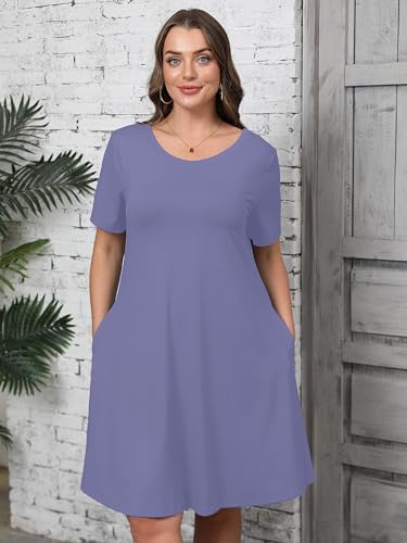 Image of AusLook Plus Size Midi Dress for Women Casual Summer Short Sleeve A Line Swing Dress with Pocket Round Neck Flowy Dress 1X-5X