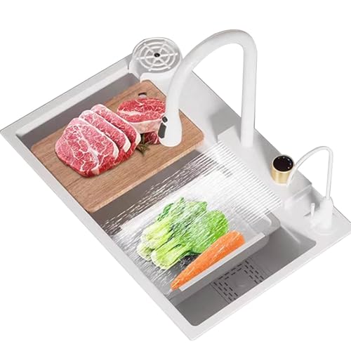 OIJKLA Fregadero de Cocina de Cascada Blanco Fregadero de Cocina de un Solo tazón Grande Fregadero de Acero Inoxidable 304 Grifo de Cascada Incluye Accesorios (78x45x22cm) (Un Color 72x45x22cm)