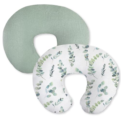 Image of Little Grape Land Muslin Nursing Pillow Covers 2 Pack, 100% Cotton Removable Breastfeeding Pillow Covers, Feeding Pillow Slipcovers for Baby Boys & Girls, (Leaves & Green)