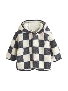 NEXT Baby Jungen Babyjacke aus Teddyfell mit Kapuze Charcoal Grey Checkerboard 56-62