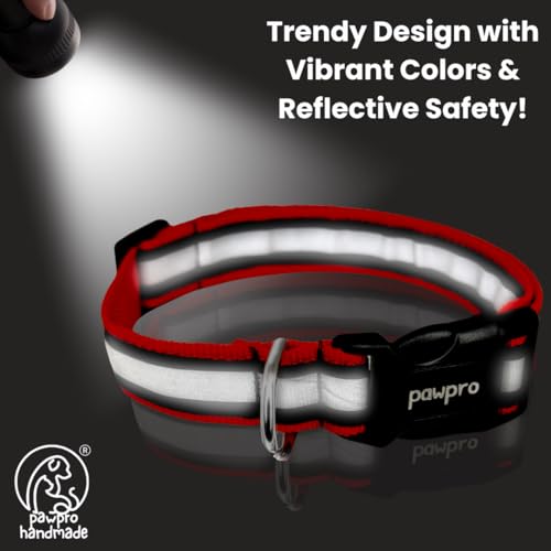 Image of PAWPRO HANDMADE Nylon Reflective Dog Collar With Customizable Bone-Shaped Tag Adjustable For Safety And Comfort, Fits 35-50 Cm Neck Black (Red, Medium)