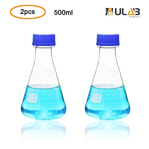 ULAB Scientific Erlenmeyer Flask with Blue Screw Cap, 17oz 500ml, 3.3 Borosilicate