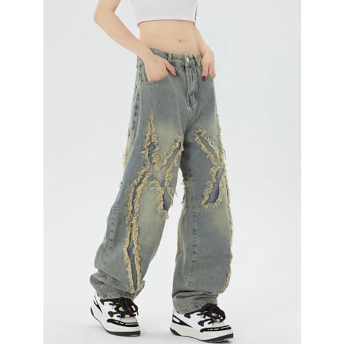 Women's Denim Pants Y2K Jeans Retro Fashion Street Clothing Printed Patchwork Loose Jeans Straight Leg Pants2