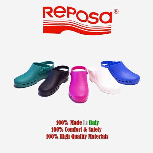 REPOSA - Zuecos para Mujer Y Hombre Modelo Eco, Zuecos para El Trabajo (esteticistas, Peluqueros) Versátiles, Cómodos Y Ligeros Incluso En Casa, Correa Abatible Y Suela Antideslizante - Made In Italy