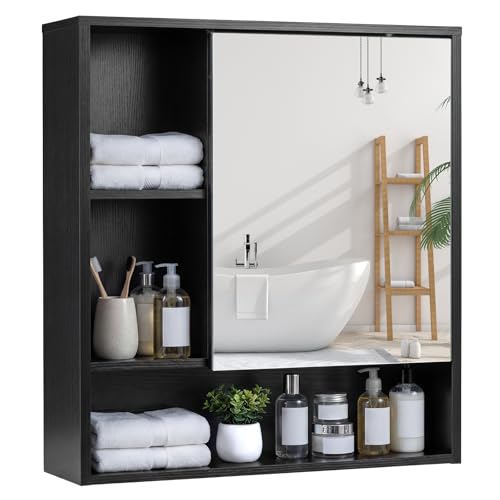 COSTWAY Bathroom Mirror Cabinet Wall Mounted Storage Cupboard with Single Door and 3 Open Shelves Wooden Bathroom Unit Wall Medicine Cabinet for Living Room Kitchen Hallway (Black 56x16x61cm)