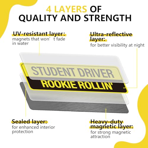Image of 3pcs Student Driver Magnet for Car, 9.92x3.39in Reflective Magnetic Bumper Sticker 3 Styles Novice Rookie Safety Attention Sign New Driver Signs for Novice Drivers