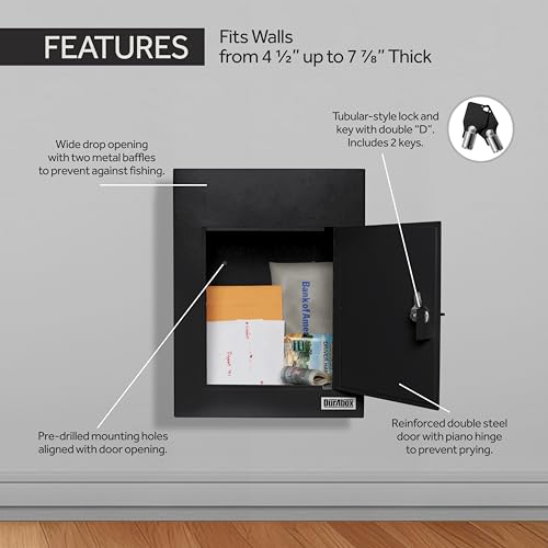 Image of Durabox Through-The-Wall Drop Box Deposit Safe 17 x 13 x 7 - Heavy Duty Steel Mailbox with Lock for Receiving Mail, Checks, Letters, Cash and More for Home, Office and Commercial Use (D700) (Black)