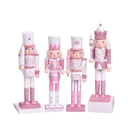 YTFSKFUI 4 st rosa nötknäppare i trä juldekorationer, 30 cm stor glitter nötknäppare jul, traditionella nötknäppare juldekorationer, kreativ nötknäppare soldat för hemmet