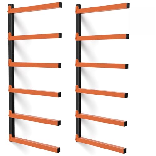 Nandae 2 Pack 6-Level Wall Mount Lumber Storage Metal Rack Wood Organizer, Heavy Duty Wood Storage Solution for Workshop or Garage, Orange
